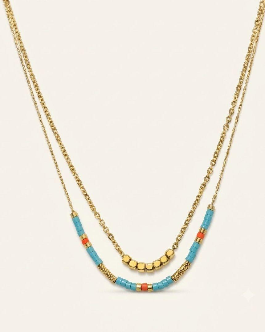 Collier Double Rang Perles Turquoise