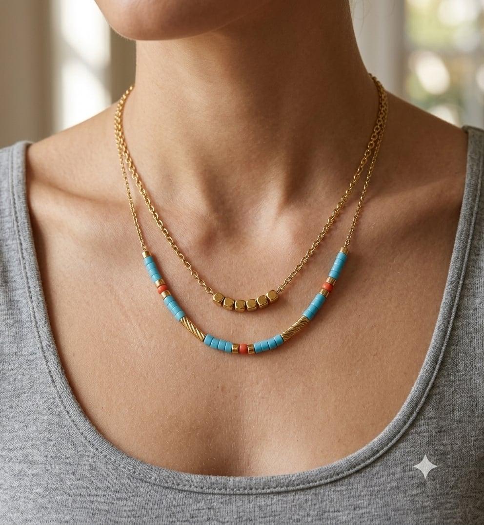 Collier Double Rang Perles Turquoise vue 2